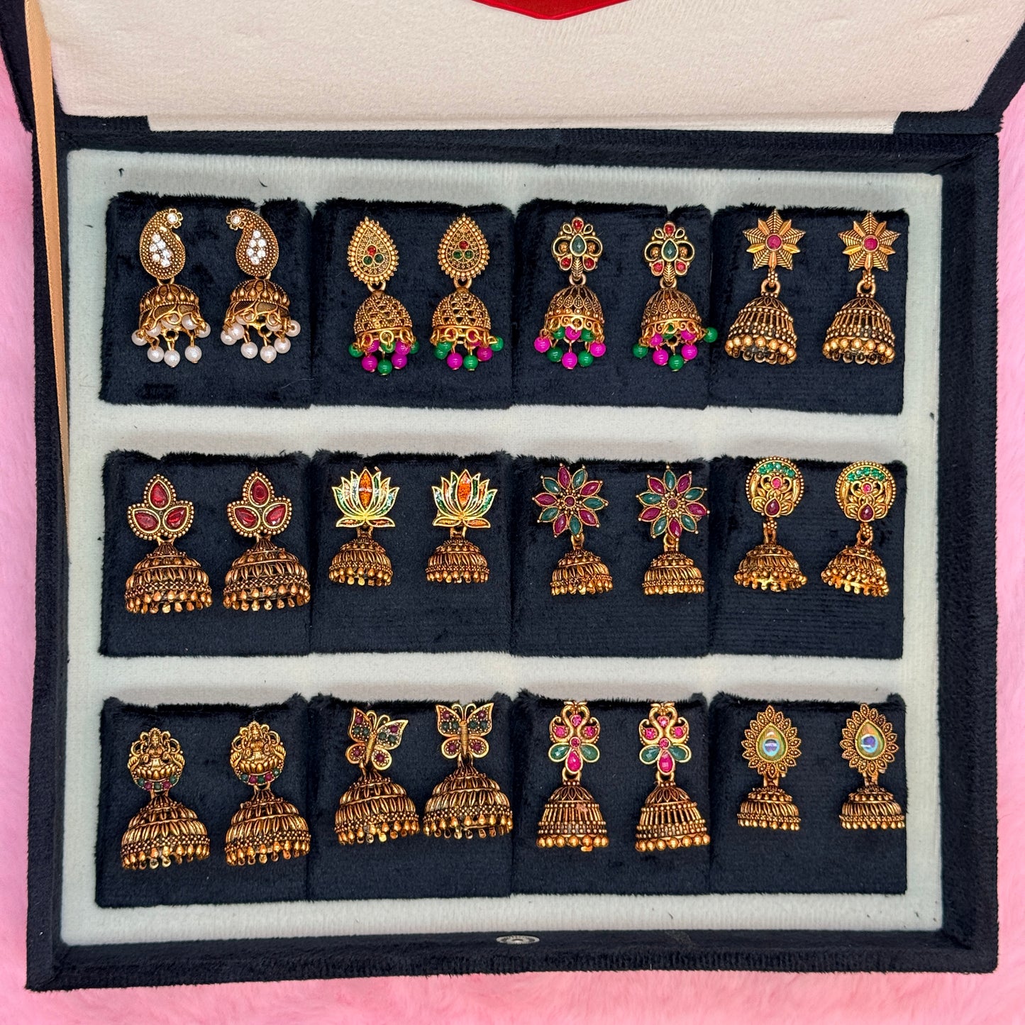 12 Pairs Antique Gold Jhumka Earrings Collection Gift Box – Premium Traditional Jewellery Combo Set