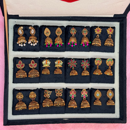 12 Pairs Antique Gold Jhumka Earrings Collection Gift Box – Premium Traditional Jewellery Combo Set
