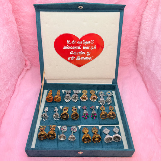 12 Pairs Premium Antique Jhumka Earrings Collection in Velvet Gift Box – Designer Traditional Jewellery Combo Set