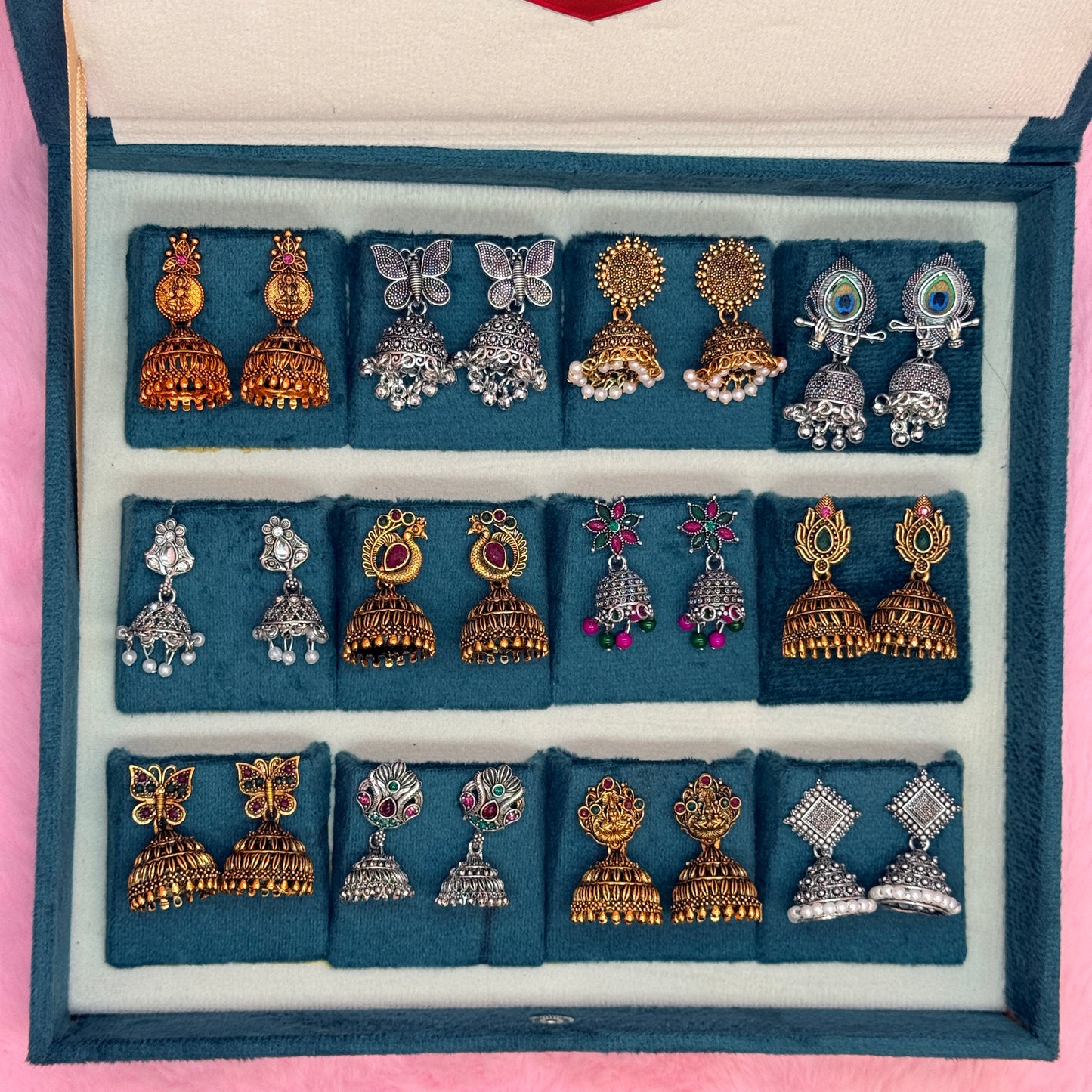 12 Pairs Premium Antique Jhumka Earrings Collection in Velvet Gift Box – Designer Traditional Jewellery Combo Set
