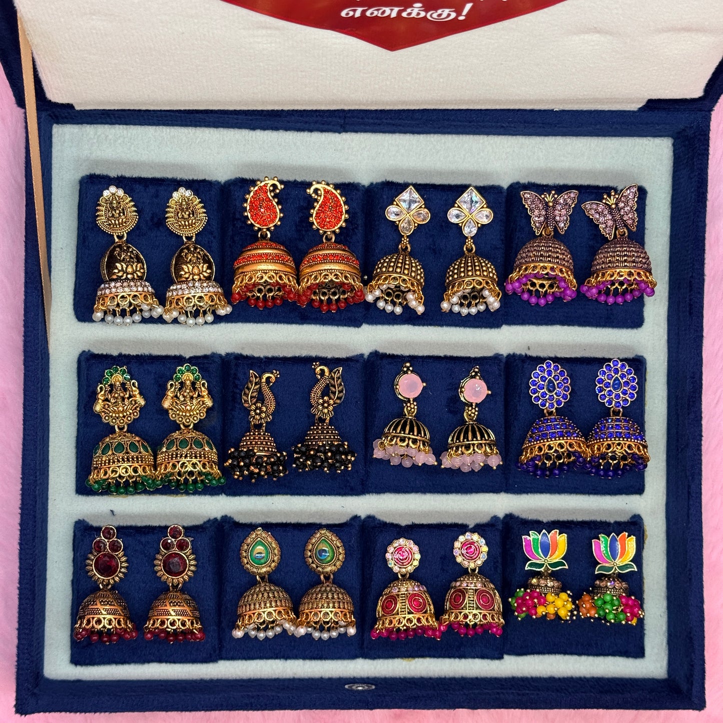 12 Pairs Premium Colorful Antique Jhumka Earrings Collection Combo in Luxury Velvet Gift Box