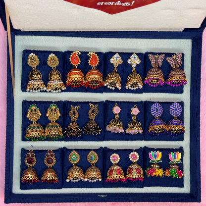 12 Pairs Premium Colorful Antique Jhumka Earrings Collection Combo in Luxury Velvet Gift Box
