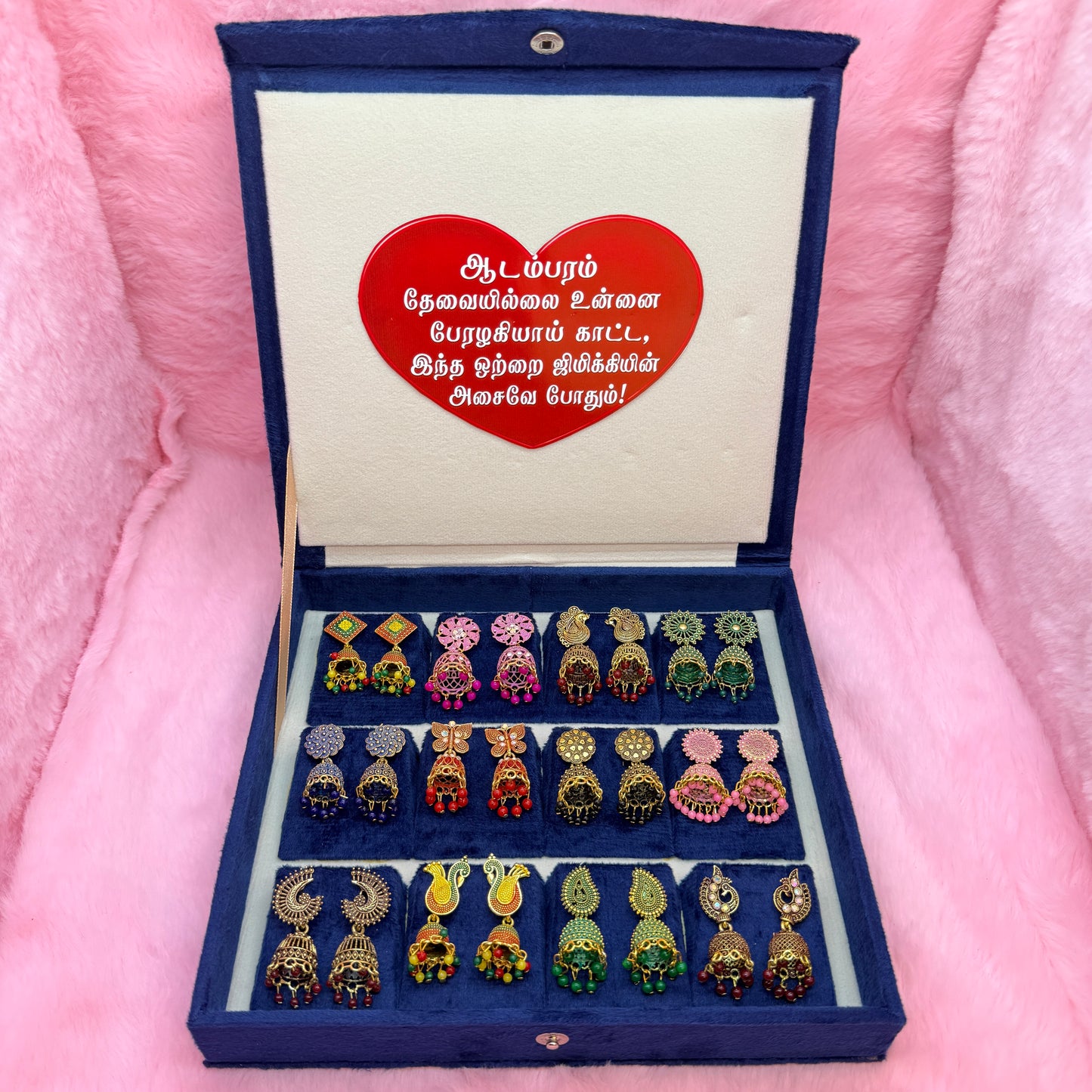 12 Pairs Trendy Multicolor Designer Jhumka Earrings Collection Combo in Premium Velvet Gift Box