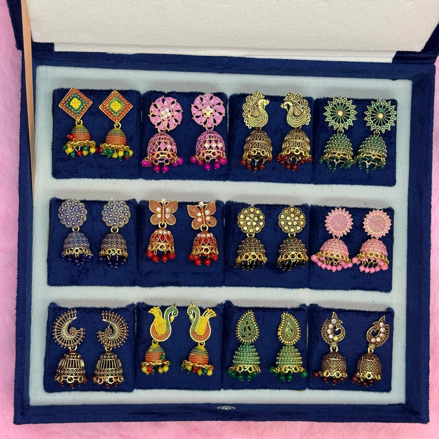 12 Pairs Trendy Multicolor Designer Jhumka Earrings Collection Combo in Premium Velvet Gift Box