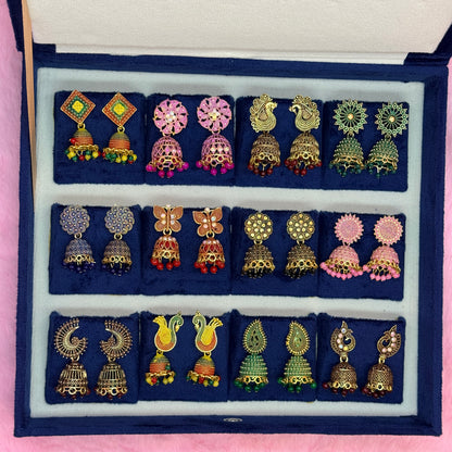 12 Pairs Trendy Multicolor Designer Jhumka Earrings Collection Combo in Premium Velvet Gift Box