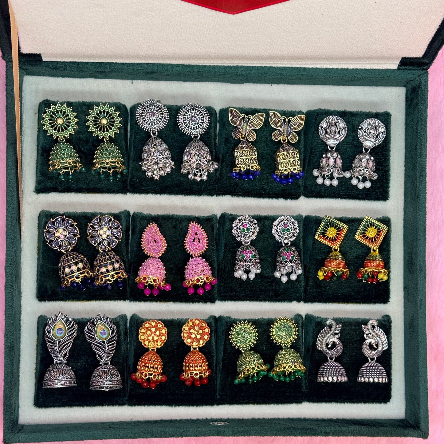 12 Pairs Premium Oxidised & Antique Designer Jhumka Earrings Combo Collection with Velvet Gift Box
