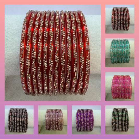 Continuous Crystal Stone Glass Bangles Set for Women – 12 Pieces (1 Dozen) | Traditional Bridal & Party Wear Bangles