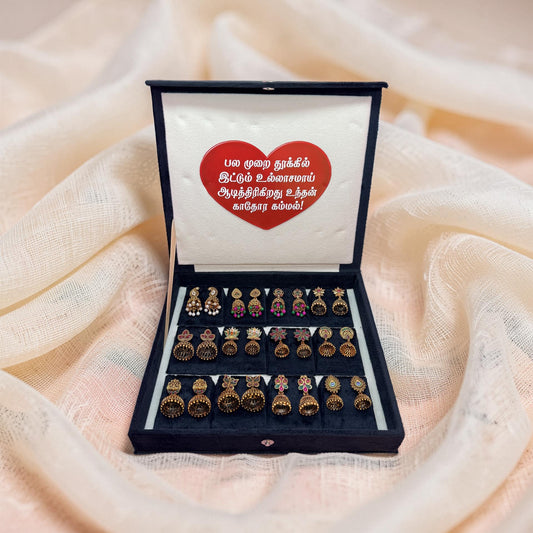 12 Pairs Antique Gold Jhumka Earrings Collection Gift Box – Premium Traditional Jewellery Combo Set