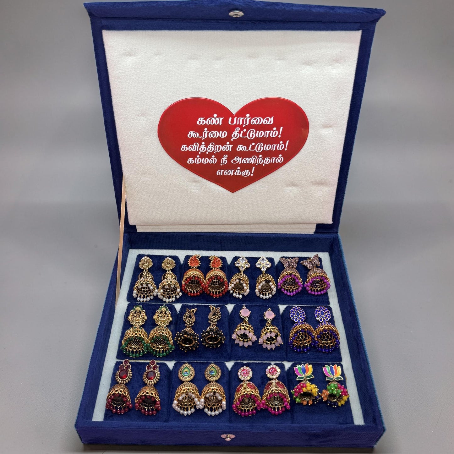 12 Pairs Premium Colorful Antique Jhumka Earrings Collection Combo in Luxury Velvet Gift Box