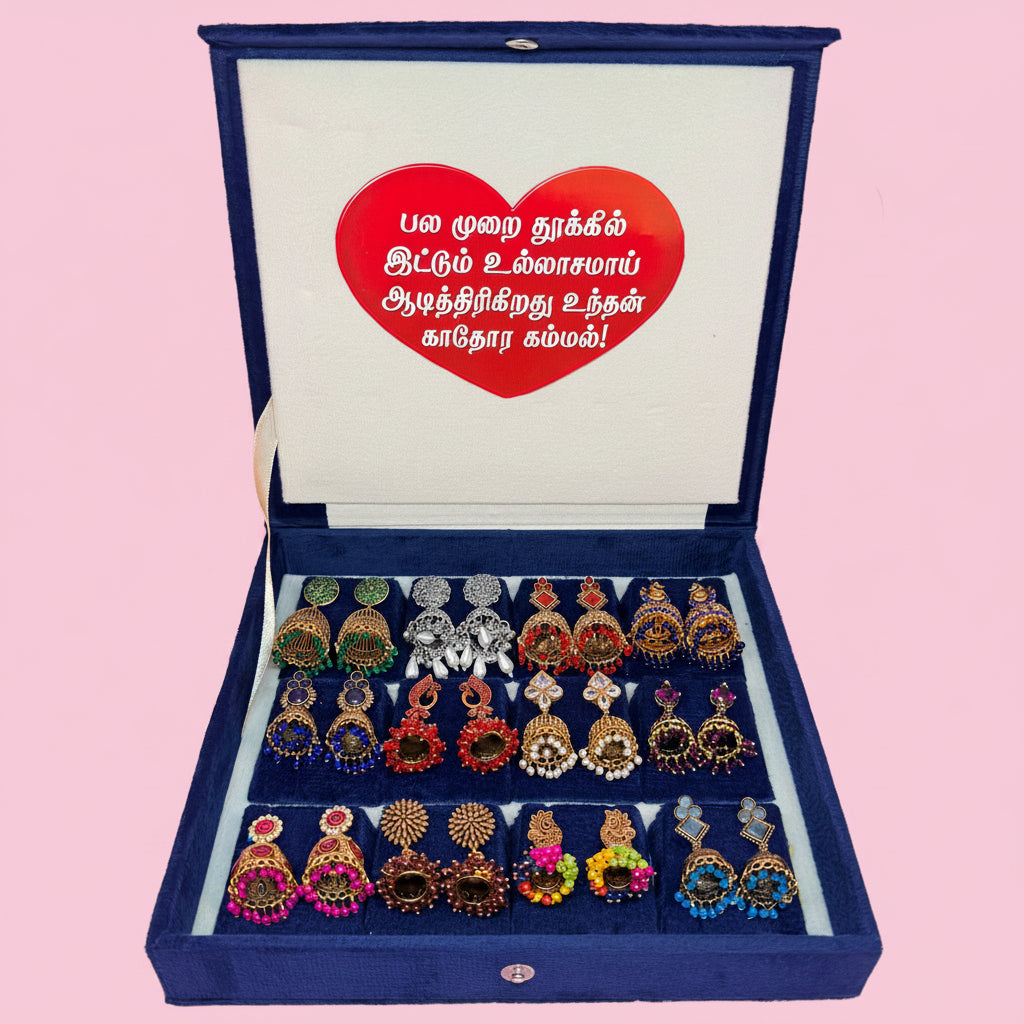 12 Pairs Premium Traditional Jhumka Earrings Combo Set with Velvet Gift Box – Antique Gold & Multicolor Collection