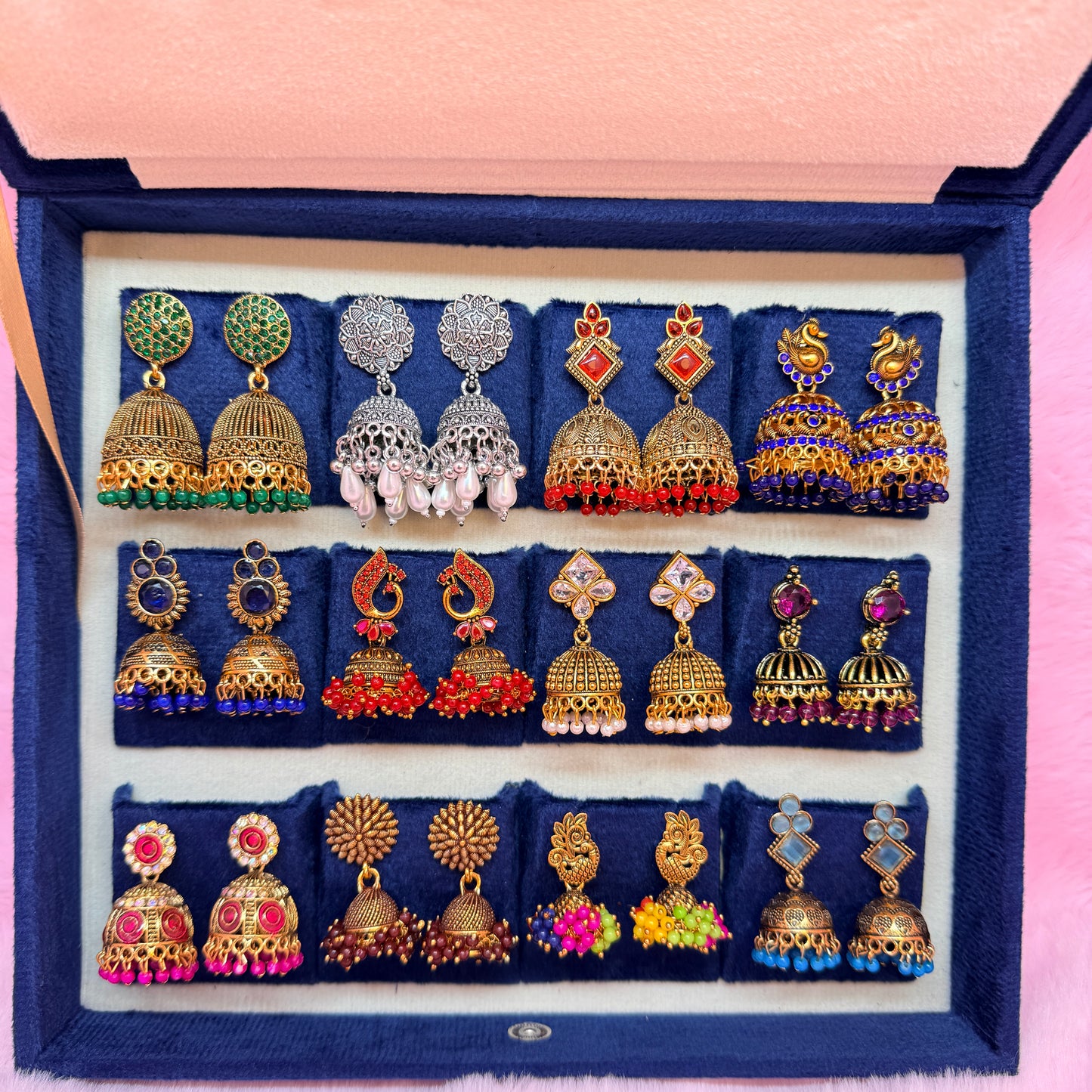12 Pairs Premium Traditional Jhumka Earrings Combo Set with Velvet Gift Box – Antique Gold & Multicolor Collection