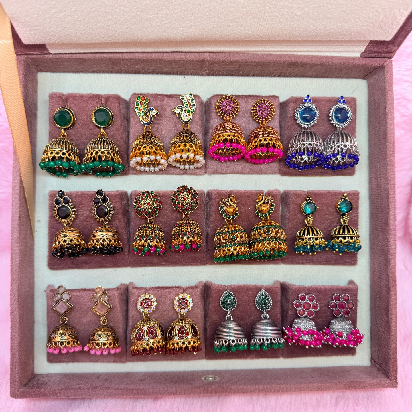 12 Pairs Premium Antique Jhumka Earrings Combo Set with Velvet Gift Box – Multicolor Ethnic Collection