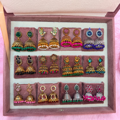 12 Pairs Premium Antique Jhumka Earrings Combo Set with Velvet Gift Box – Multicolor Ethnic Collection