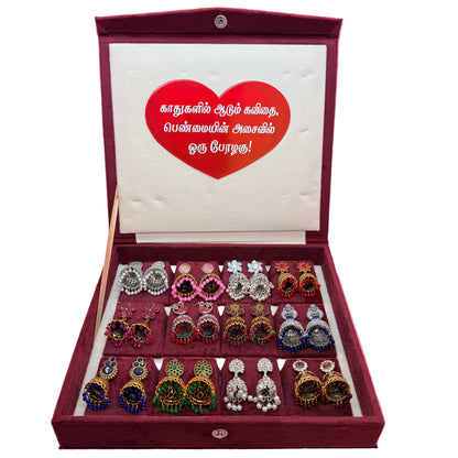 12 Pairs Premium Designer Jhumka Earrings Combo Set with Velvet Gift Box – Multicolor Antique & Oxidised Collection