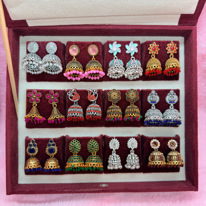 12 Pairs Premium Designer Jhumka Earrings Combo Set with Velvet Gift Box – Multicolor Antique & Oxidised Collection
