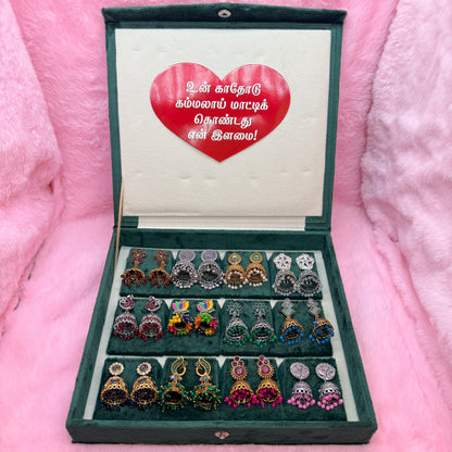 12 Pairs Premium Designer Jhumka Earrings Combo Set with Luxury Velvet Gift Box – Multicolor Ethnic Collection