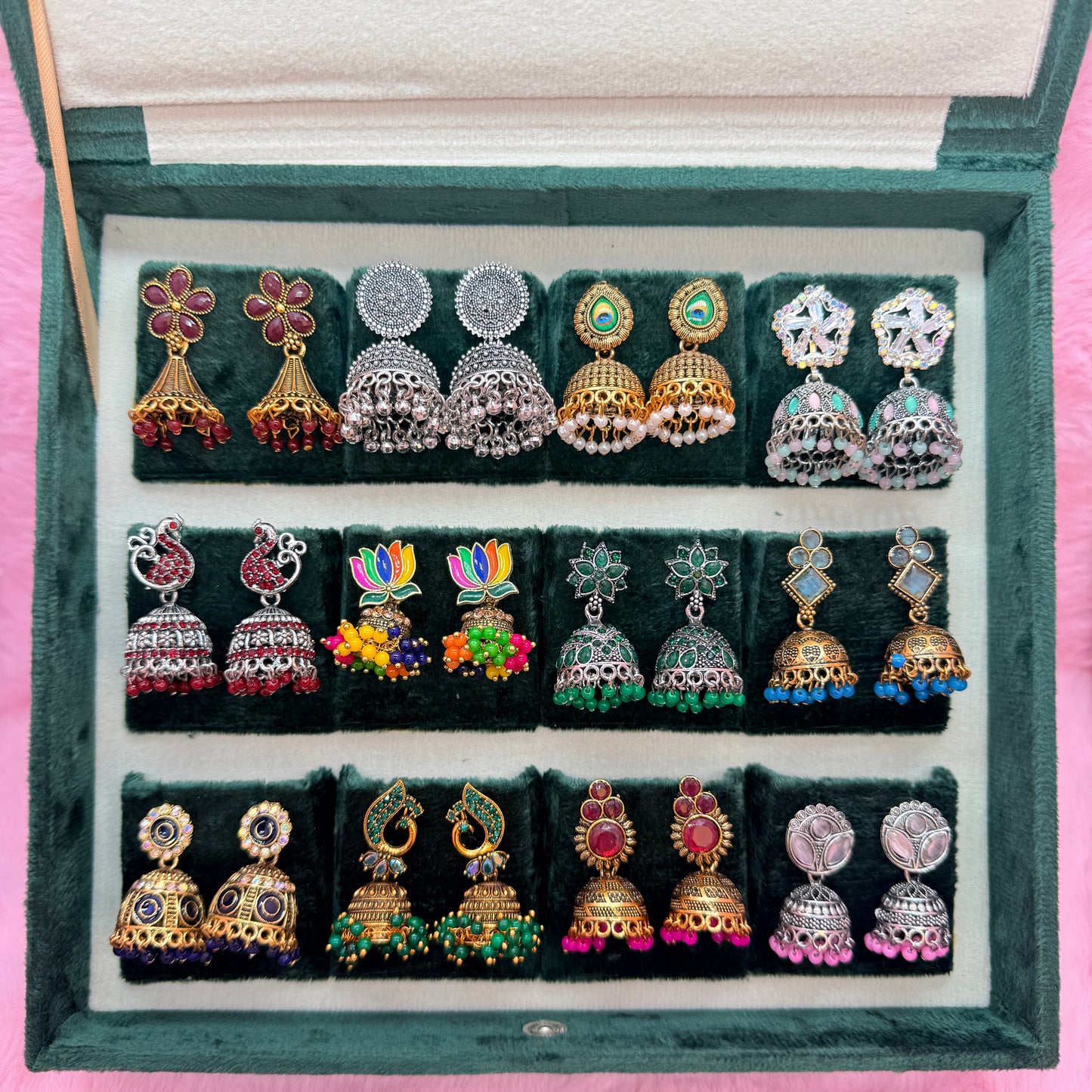 12 Pairs Premium Designer Jhumka Earrings Combo Set with Luxury Velvet Gift Box – Multicolor Ethnic Collection