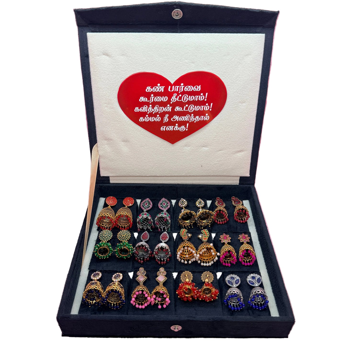 12 Pairs Premium Traditional Jhumka Earrings Combo Set with Black Velvet Gift Box – Multicolor Designer Collection