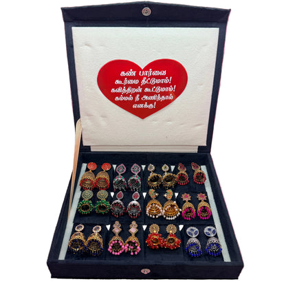 12 Pairs Premium Traditional Jhumka Earrings Combo Set with Black Velvet Gift Box – Multicolor Designer Collection