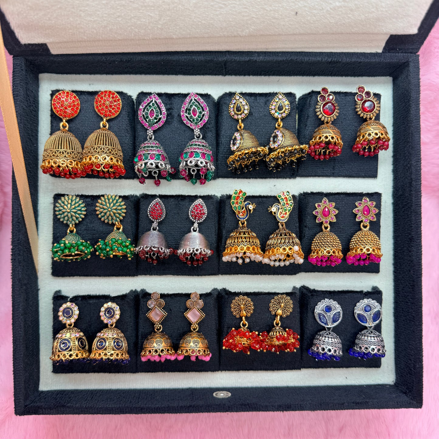 12 Pairs Premium Traditional Jhumka Earrings Combo Set with Black Velvet Gift Box – Multicolor Designer Collection