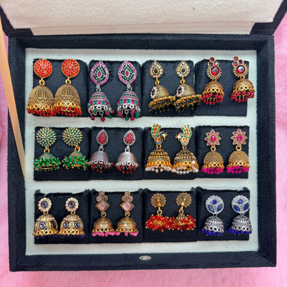 12 Pairs Premium Traditional Jhumka Earrings Combo Set with Black Velvet Gift Box – Multicolor Designer Collection