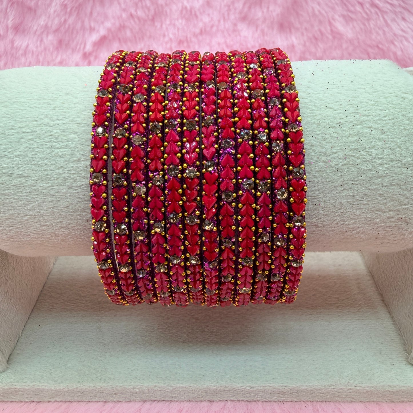 Premium Heart Stone Glass Bangle Set with Crystal Sparkle | 12 Piece Traditional Fashion Bangles | Multiple Colors Available