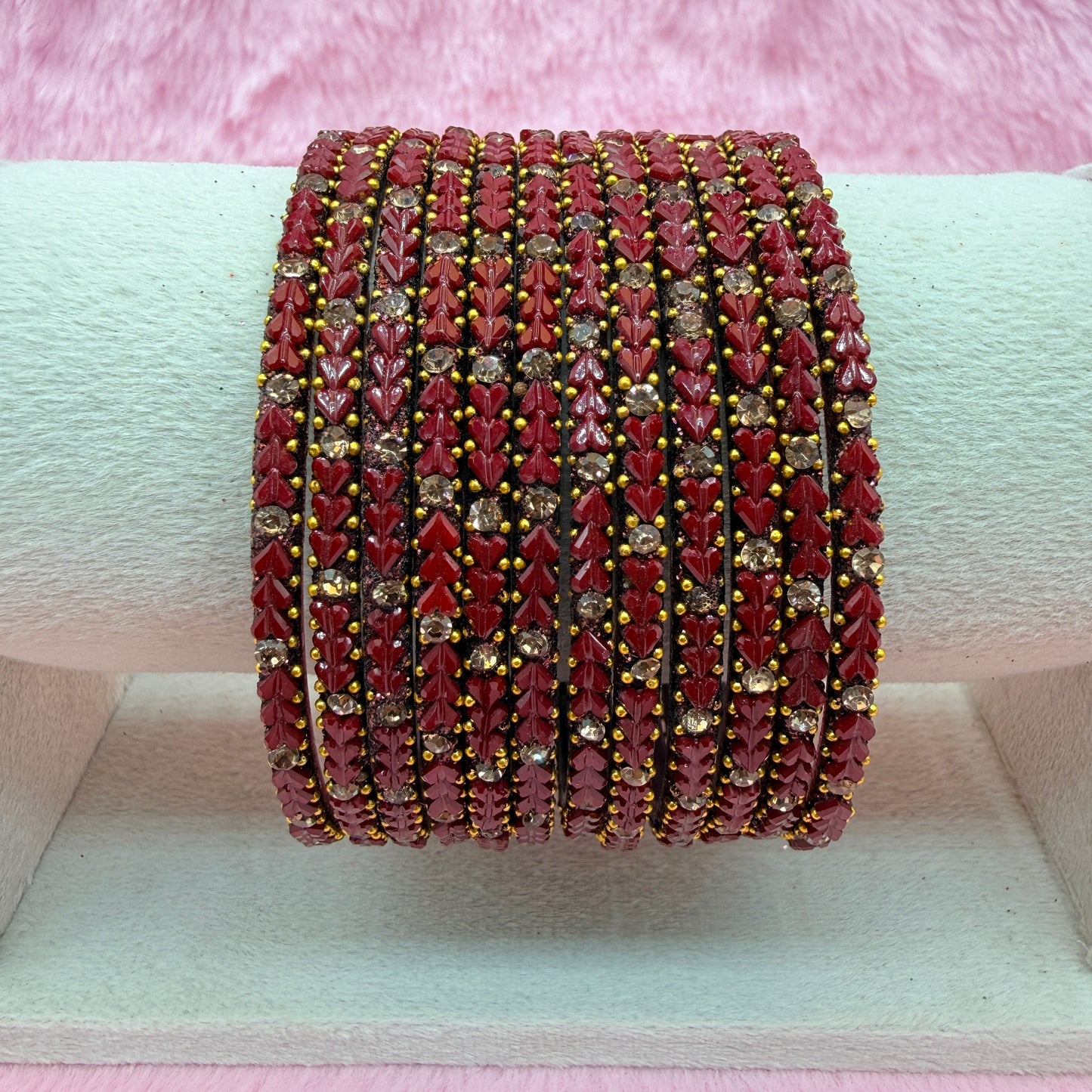 Premium Heart Stone Glass Bangle Set with Crystal Sparkle | 12 Piece Traditional Fashion Bangles | Multiple Colors Available