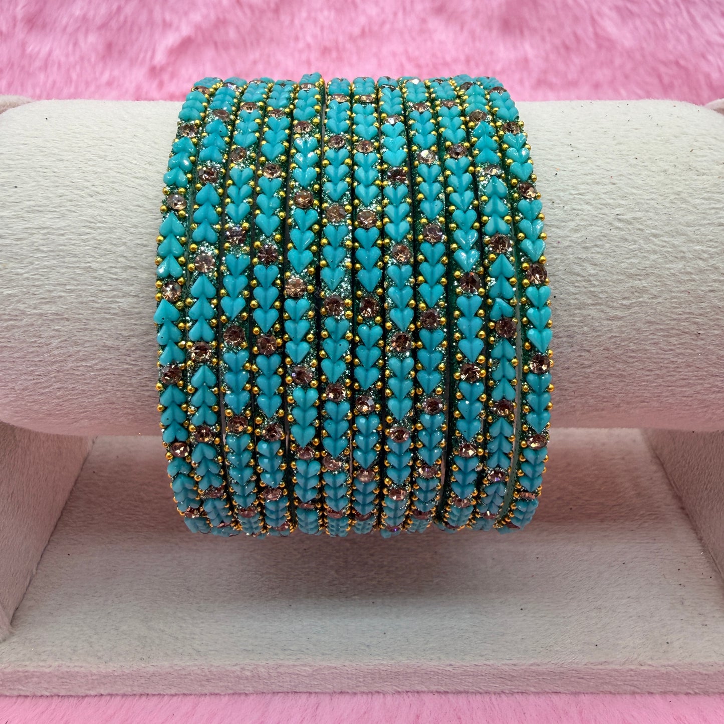 Premium Heart Stone Glass Bangle Set with Crystal Sparkle | 12 Piece Traditional Fashion Bangles | Multiple Colors Available