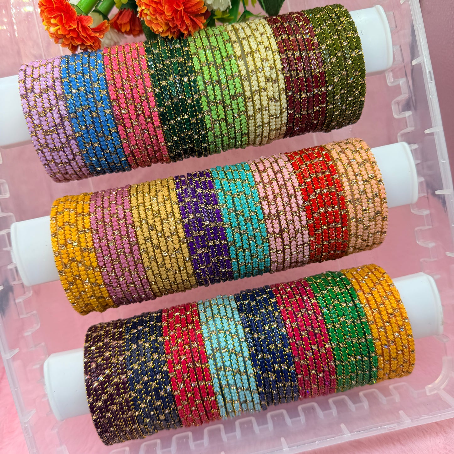 Premium Heart Stone Glass Bangle Set with Crystal Sparkle | 12 Piece Traditional Fashion Bangles | Multiple Colors Available