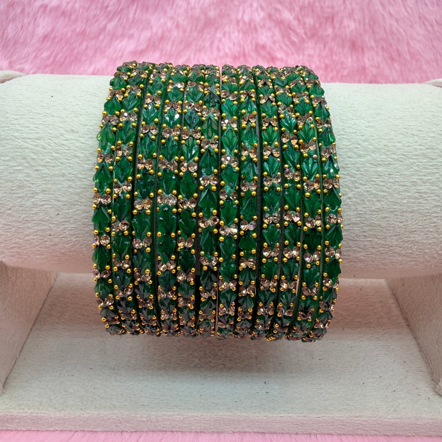 Thulir Glass Bangles with Crystal Stone Work – 1 Dozen (12 Pieces) | Premium Bridal & Party Wear Bangle Set