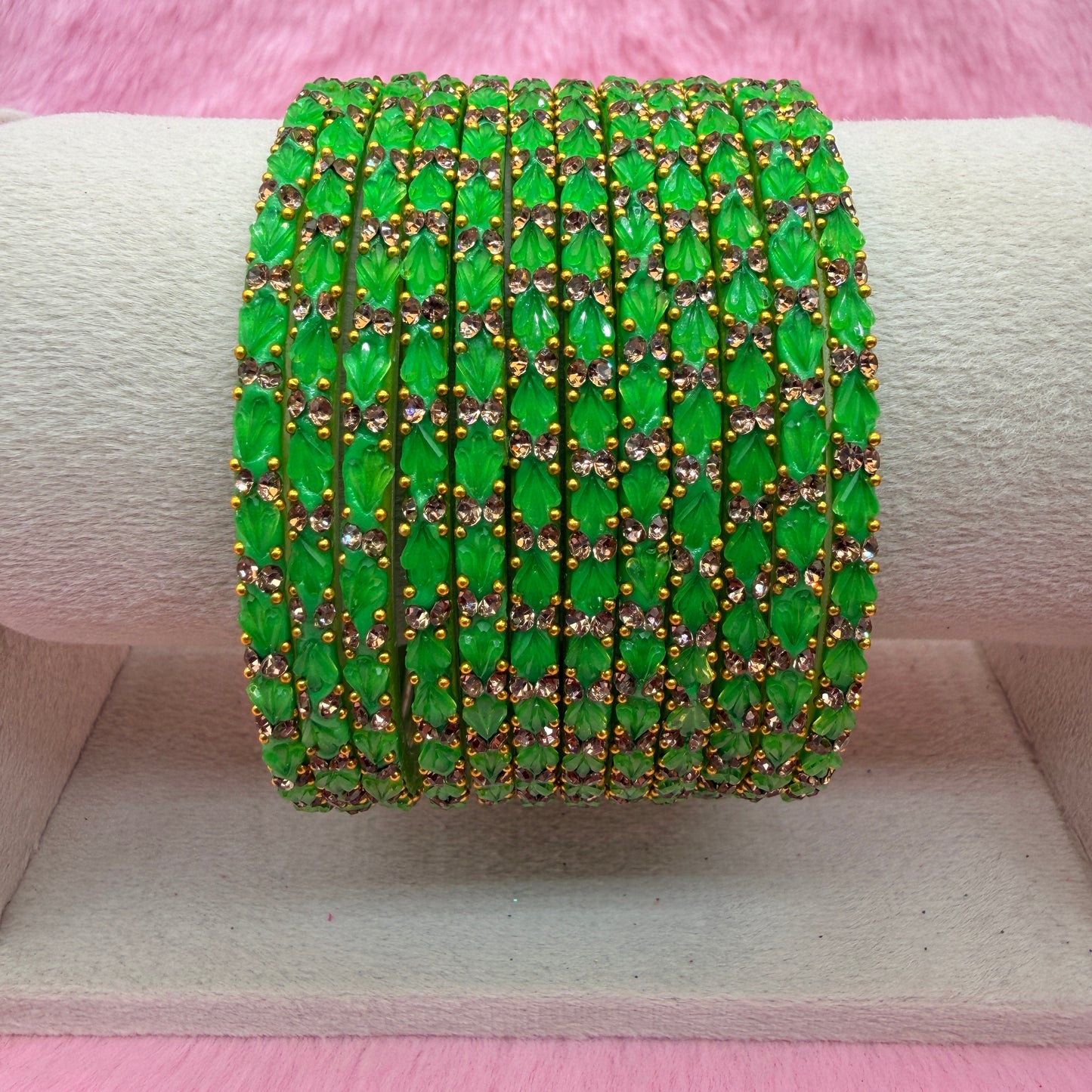 Thulir Glass Bangles with Crystal Stone Work – 1 Dozen (12 Pieces) | Premium Bridal & Party Wear Bangle Set