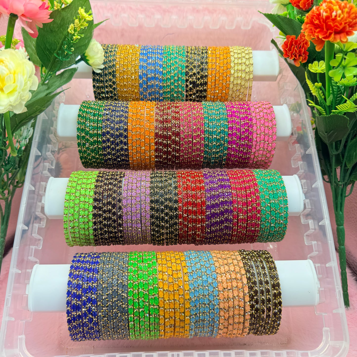 Thulir Glass Bangles with Crystal Stone Work – 1 Dozen (12 Pieces) | Premium Bridal & Party Wear Bangle Set