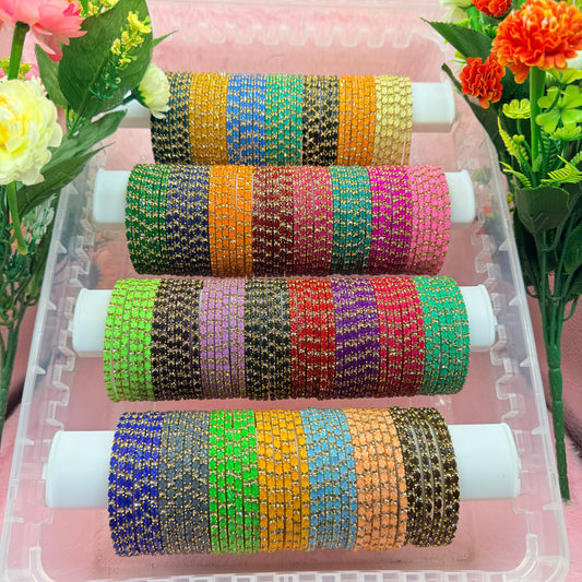Thulir Glass Bangles with Crystal Stone Work – 1 Dozen (12 Pieces) | Premium Bridal & Party Wear Bangle Set