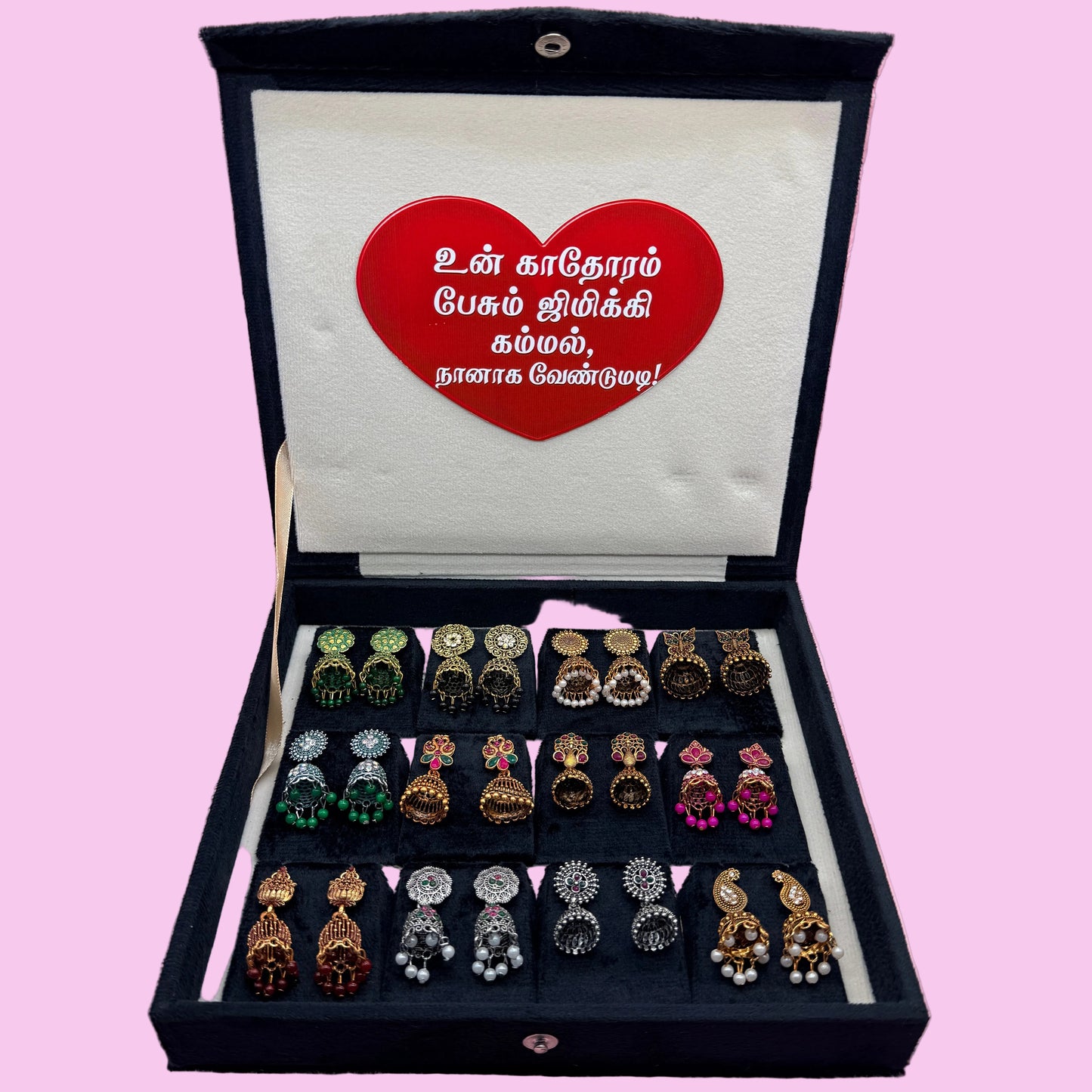12 Pairs Premium Traditional Jhumka Earrings Combo Set with Black Velvet Gift Box & Tamil Kavithai | Designer Ethnic Collection