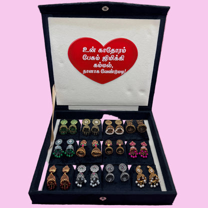 12 Pairs Premium Traditional Jhumka Earrings Combo Set with Black Velvet Gift Box & Tamil Kavithai | Designer Ethnic Collection