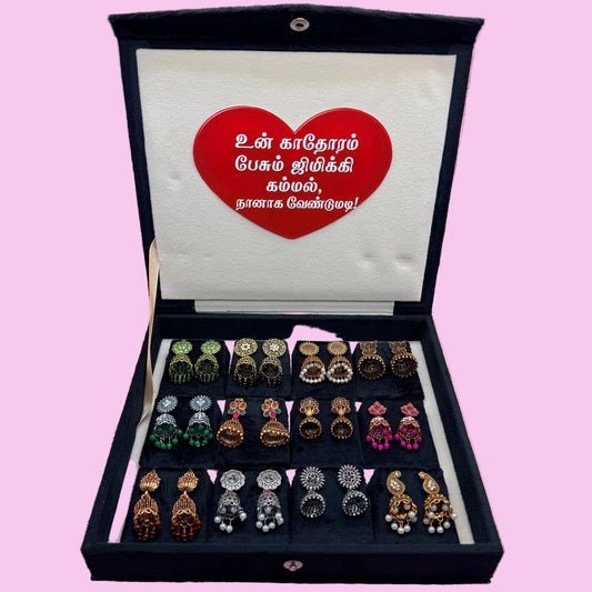 12 Pairs Premium Traditional Jhumka Earrings Combo Set with Black Velvet Gift Box & Tamil Kavithai | Designer Ethnic Collection