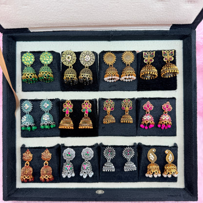 12 Pairs Premium Traditional Jhumka Earrings Combo Set with Black Velvet Gift Box & Tamil Kavithai | Designer Ethnic Collection