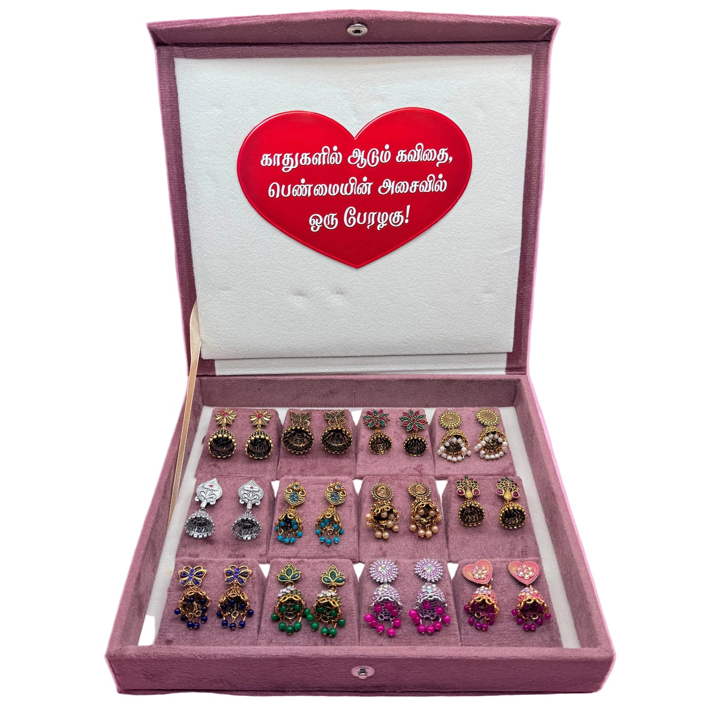 12 Pairs Premium Jhumka Earrings Combo Set with Pink Velvet Gift Box & Tamil Kavithai | Traditional Designer Earrings Collection