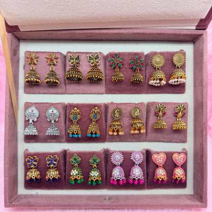 12 Pairs Premium Jhumka Earrings Combo Set with Pink Velvet Gift Box & Tamil Kavithai | Traditional Designer Earrings Collection