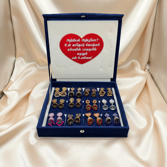 12 Pairs Premium Jhumka Earrings Combo Set with Royal Blue Velvet Gift Box & Tamil Kavithai | Traditional Designer Earrings Collection