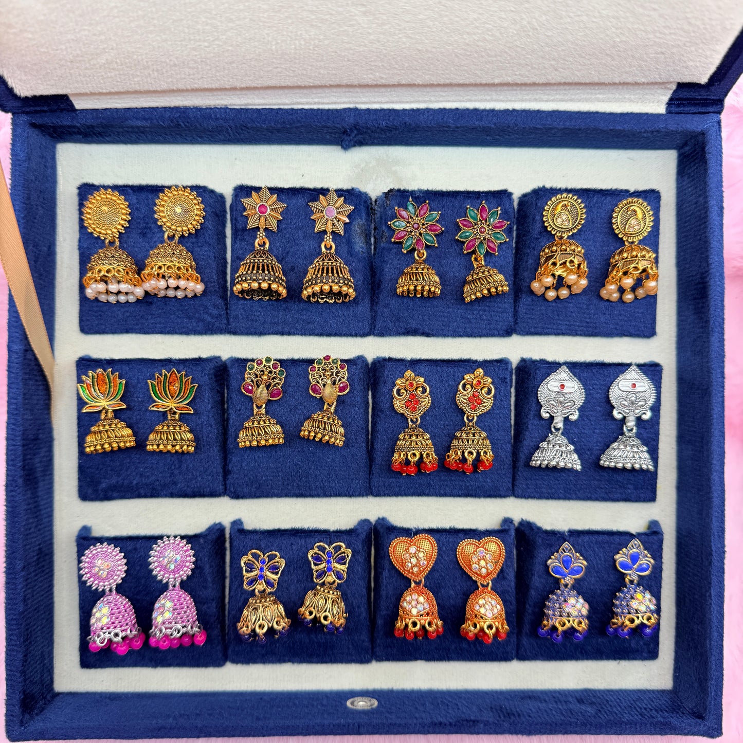 12 Pairs Premium Jhumka Earrings Combo Set with Royal Blue Velvet Gift Box & Tamil Kavithai | Traditional Designer Earrings Collection