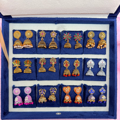 12 Pairs Premium Jhumka Earrings Combo Set with Royal Blue Velvet Gift Box & Tamil Kavithai | Traditional Designer Earrings Collection