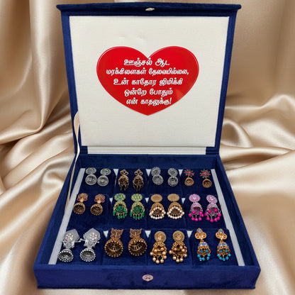 12 Pairs Premium Jhumka Earrings Combo Set with Royal Blue Velvet Gift Box & Tamil Kavithai | Traditional Designer Earrings Collection