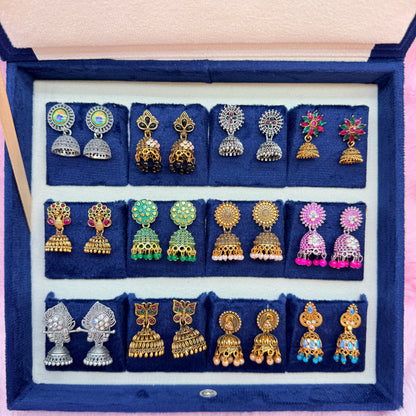 12 Pairs Premium Jhumka Earrings Combo Set with Royal Blue Velvet Gift Box & Tamil Kavithai | Traditional Designer Earrings Collection