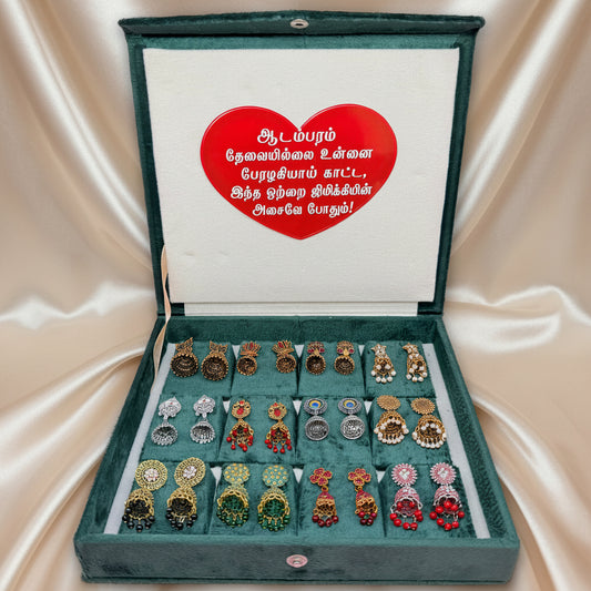 12 Pairs Premium Designer Jhumka Earrings Combo Set with Emerald Green Velvet Gift Box & Tamil Kavithai | Traditional Ethnic Jewellery Gift Box