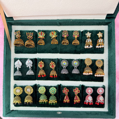 12 Pairs Premium Designer Jhumka Earrings Combo Set with Emerald Green Velvet Gift Box & Tamil Kavithai | Traditional Ethnic Jewellery Gift Box