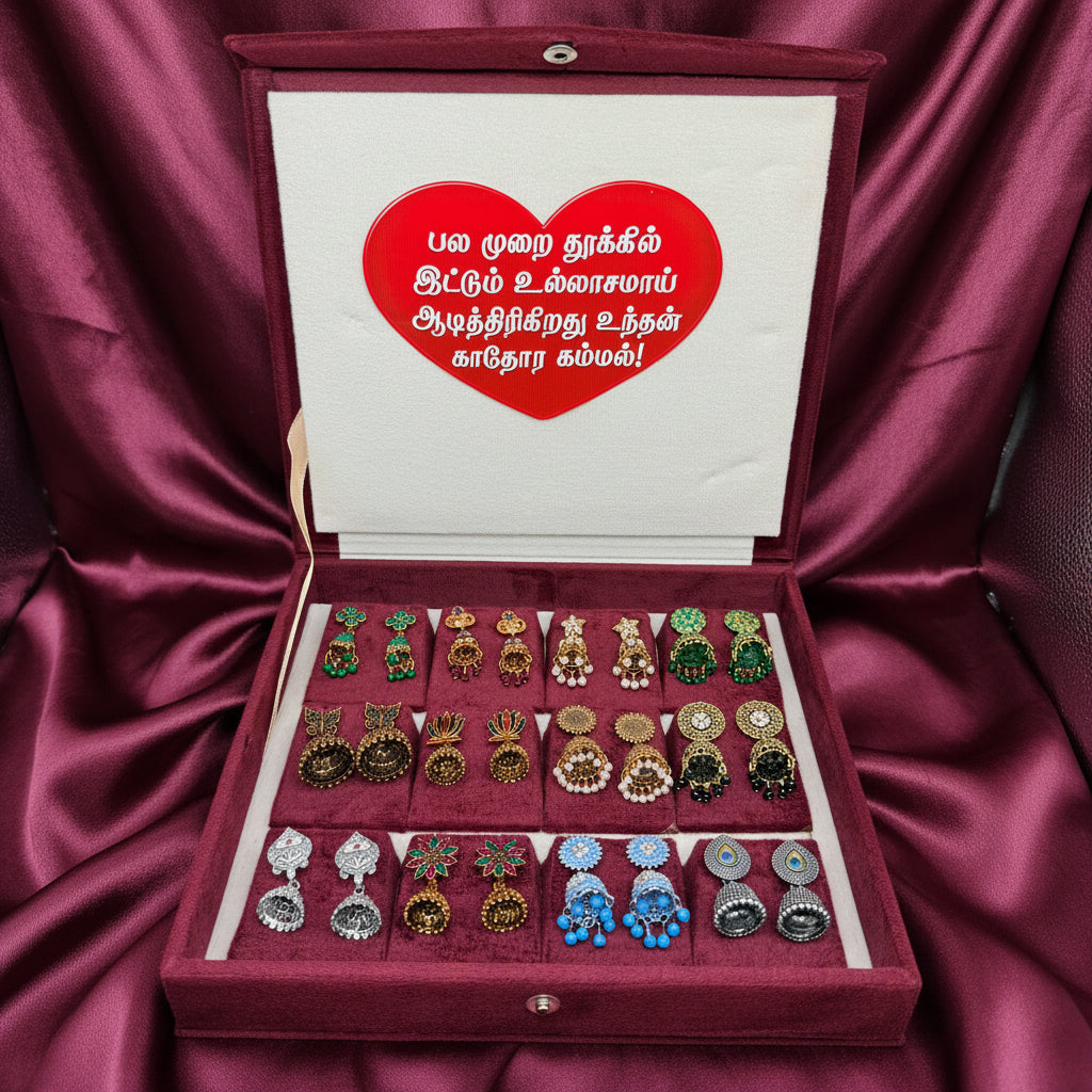 12 Pairs Premium Designer Jhumka Earrings Combo Set with Maroon Velvet Gift Box & Tamil Kavithai | Traditional Ethnic Jewellery Gift