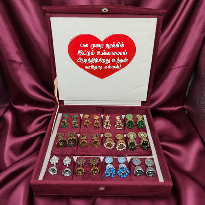 12 Pairs Premium Designer Jhumka Earrings Combo Set with Maroon Velvet Gift Box & Tamil Kavithai | Traditional Ethnic Jewellery Gift