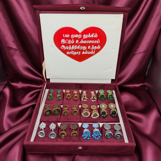 12 Pairs Premium Designer Jhumka Earrings Combo Set with Maroon Velvet Gift Box & Tamil Kavithai | Traditional Ethnic Jewellery Gift