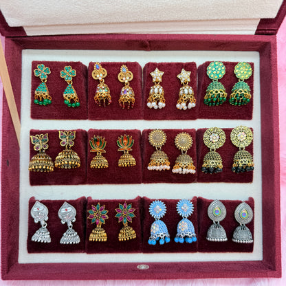 12 Pairs Premium Designer Jhumka Earrings Combo Set with Maroon Velvet Gift Box & Tamil Kavithai | Traditional Ethnic Jewellery Gift